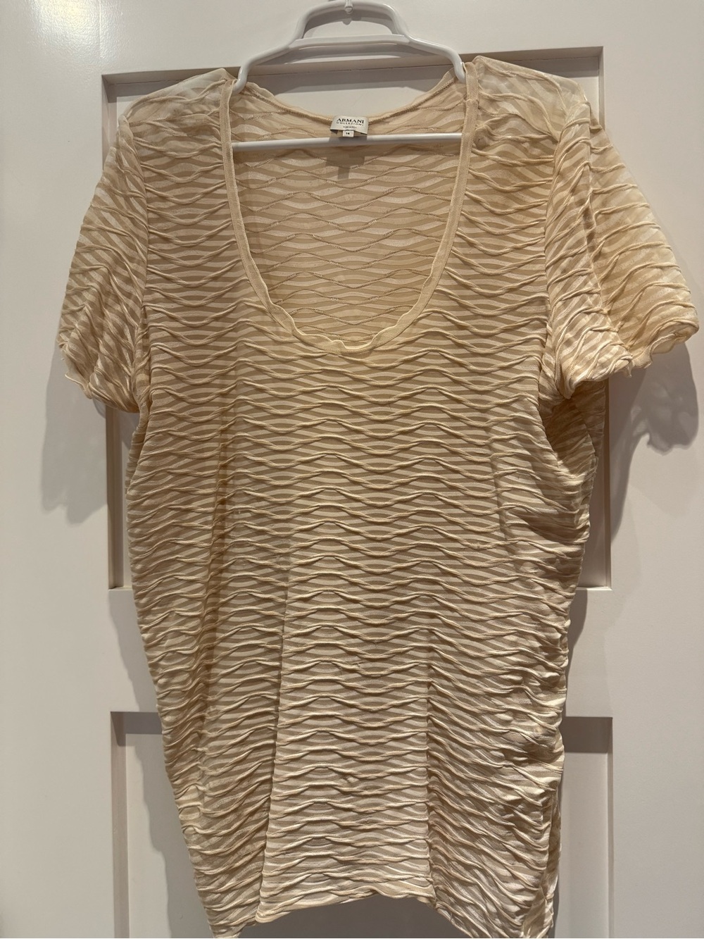 Armani Collezioni Cream Short Sleeve Textured Scoop Neck Top